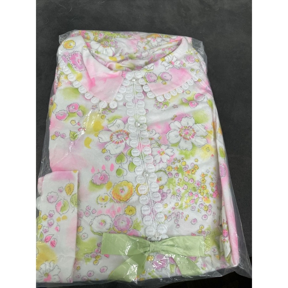 Vintage Lady Weldon Long Nightgown Large Green Pink Embroidered Long Sleeve